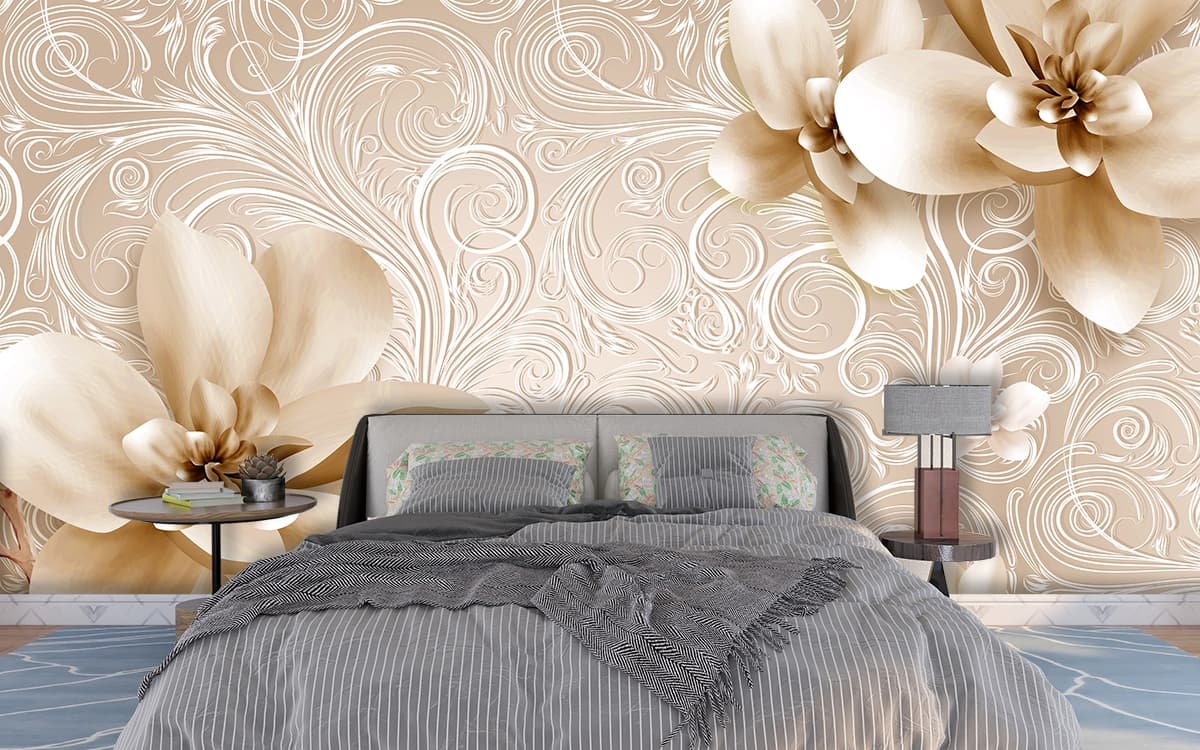 3D Beige Wallpaper with Floral Design shown in a room