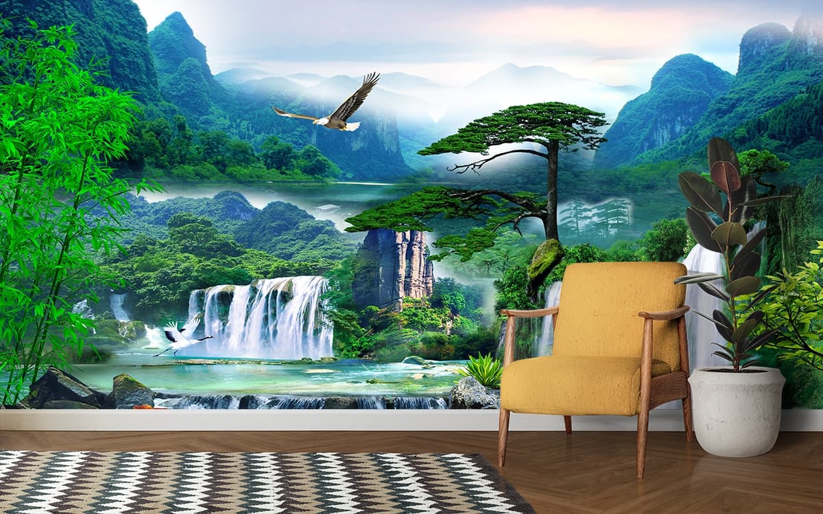 Majestic cascade between mountains and forest wallpaper shown in a room