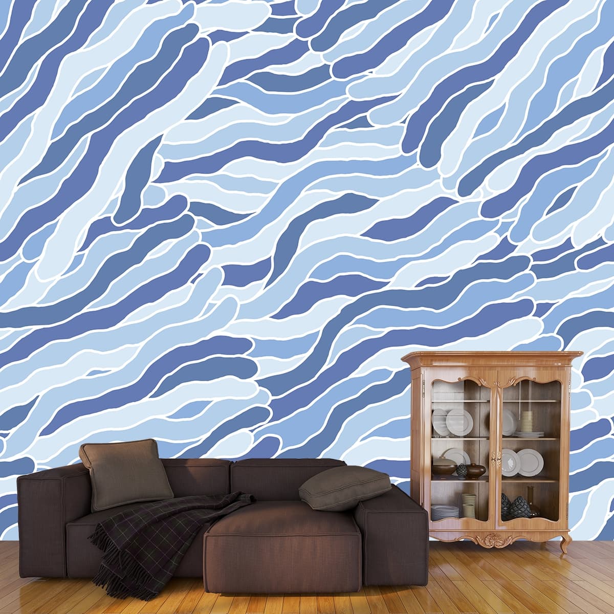 Blue Retro Abstract Painting Wallpaper for Walls shown in a room