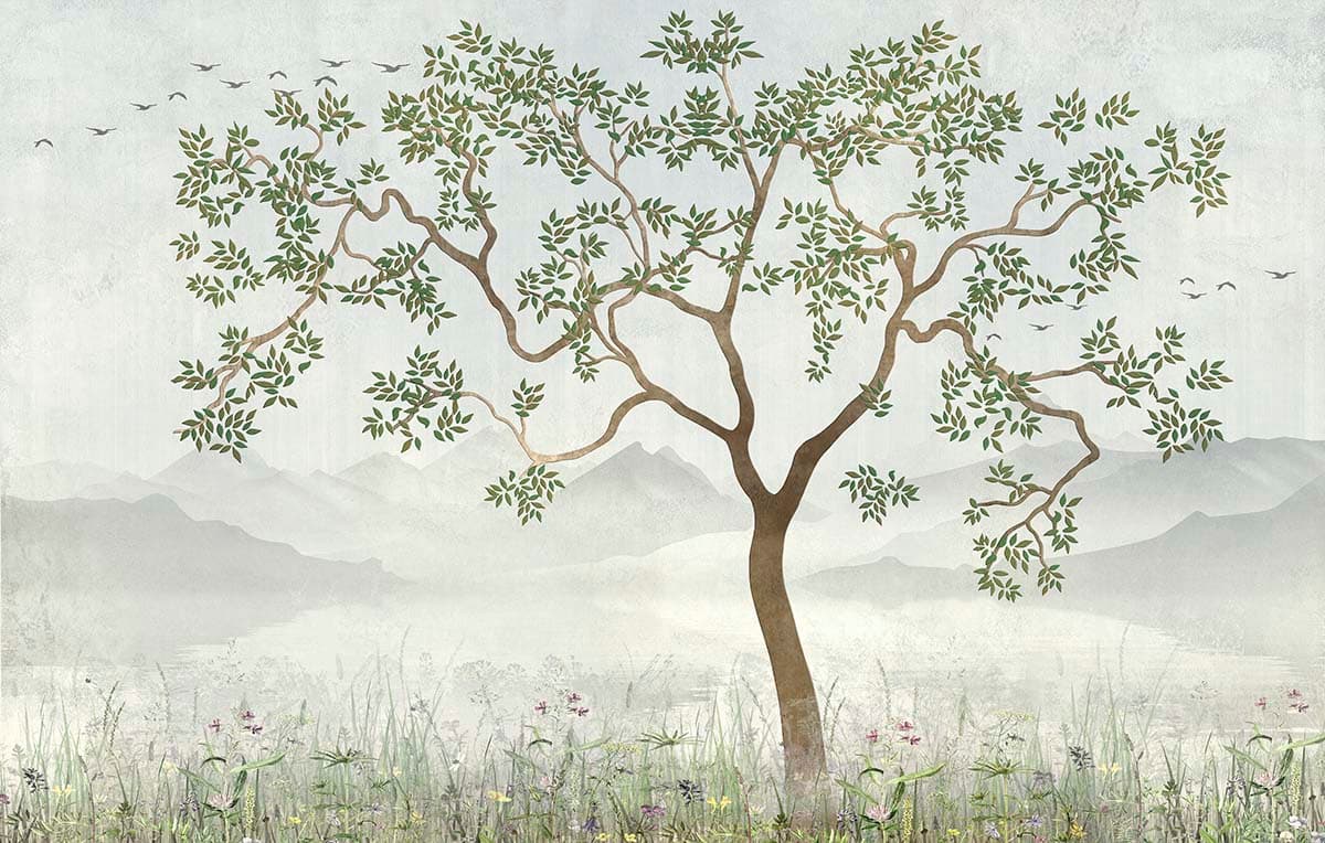 Tree Landscape with Mountains Wallpaper Mural pattern detail