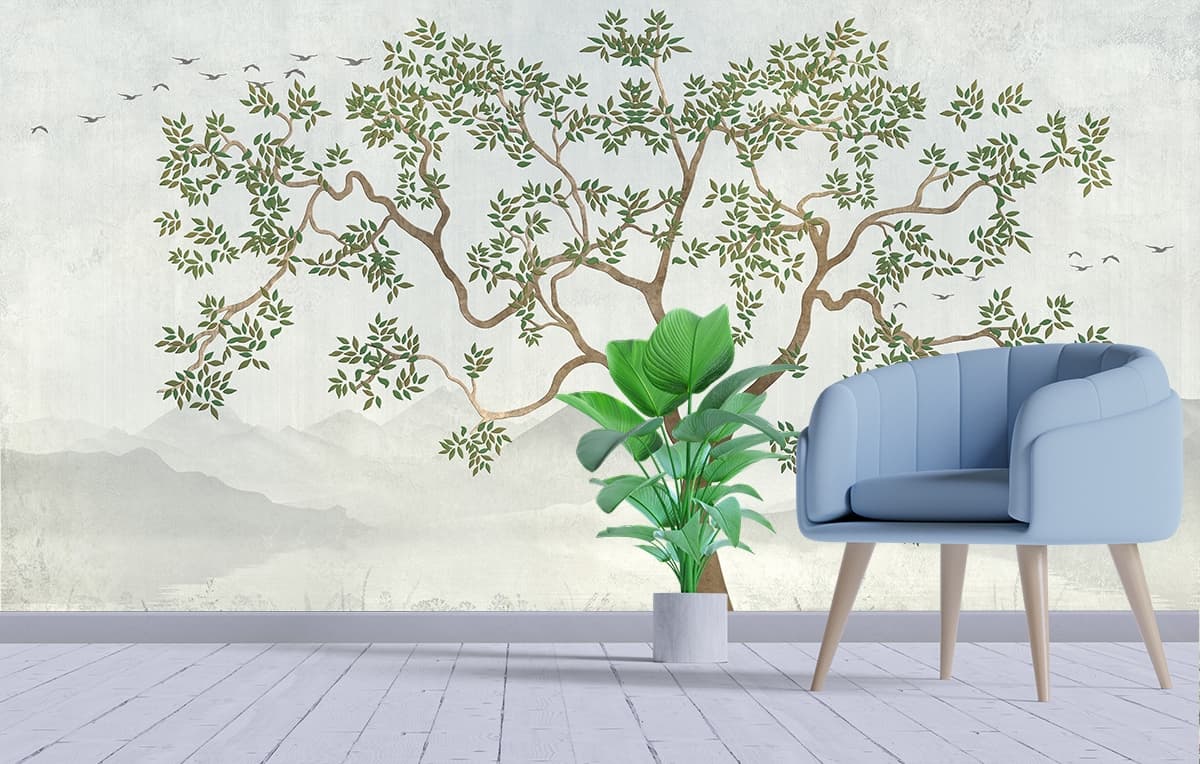 Tree Landscape with Mountains Wallpaper Mural shown in a room