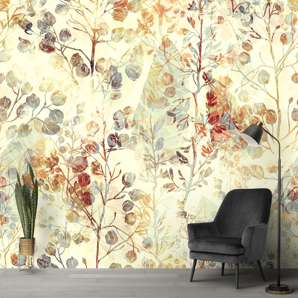 Nature-Inspired Floral Leaf Pattern Wallpaper shown in a room