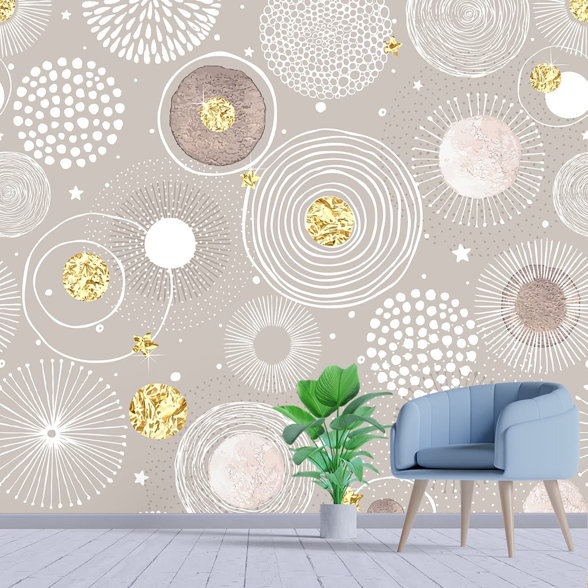 A pattern of circles and stars shown in a room