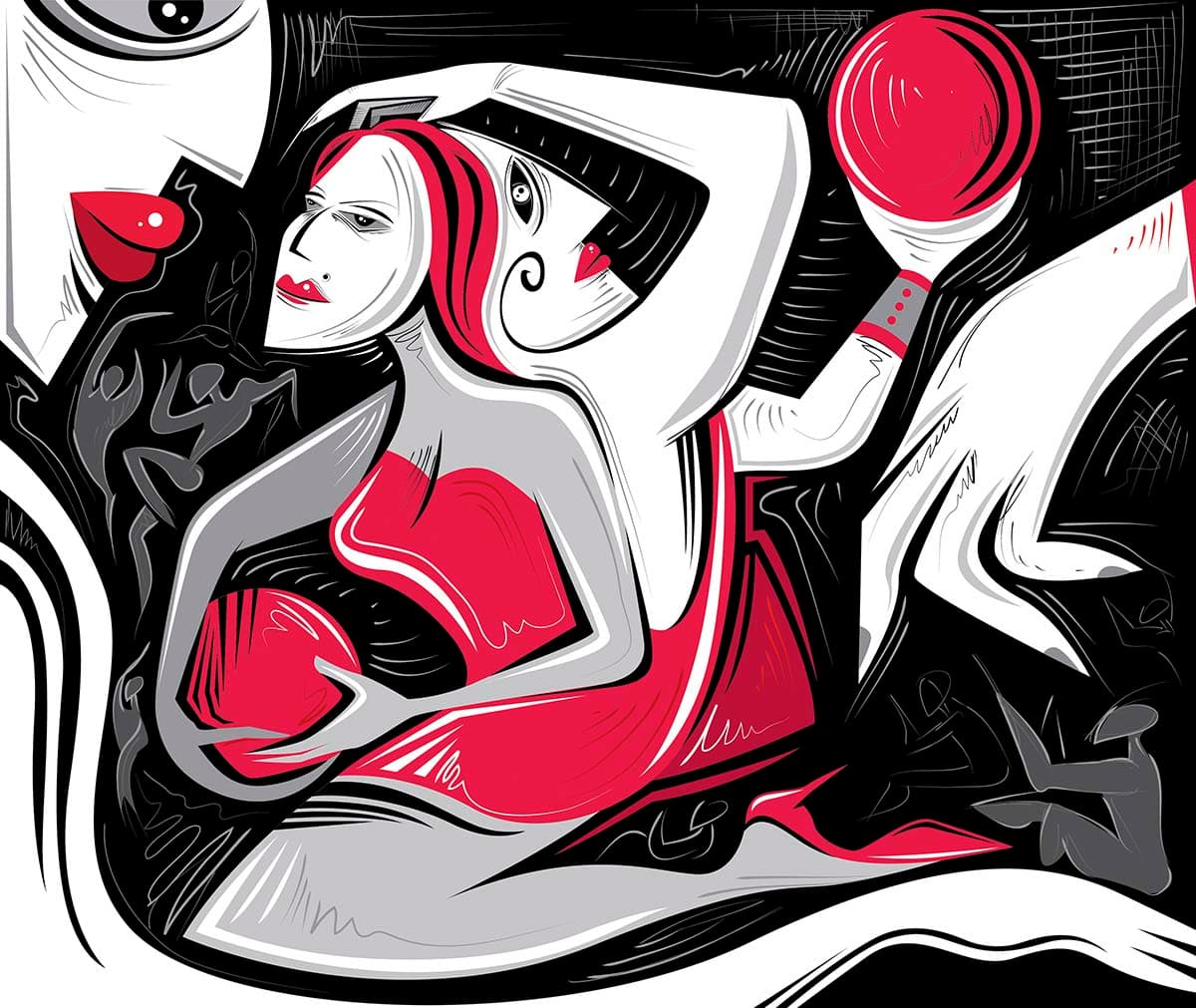 A woman holding a ball pattern detail