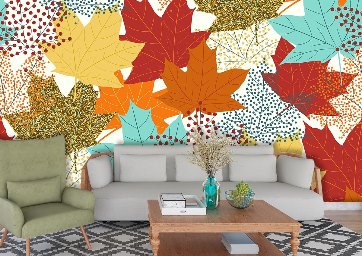 Radiant Maple Colorful Leaf Wallpaper Mural shown in a room