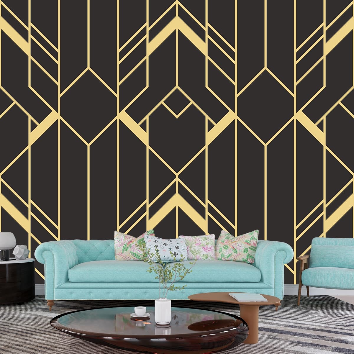 Luxury Black and Gold Pattern Wallpaper shown in a room