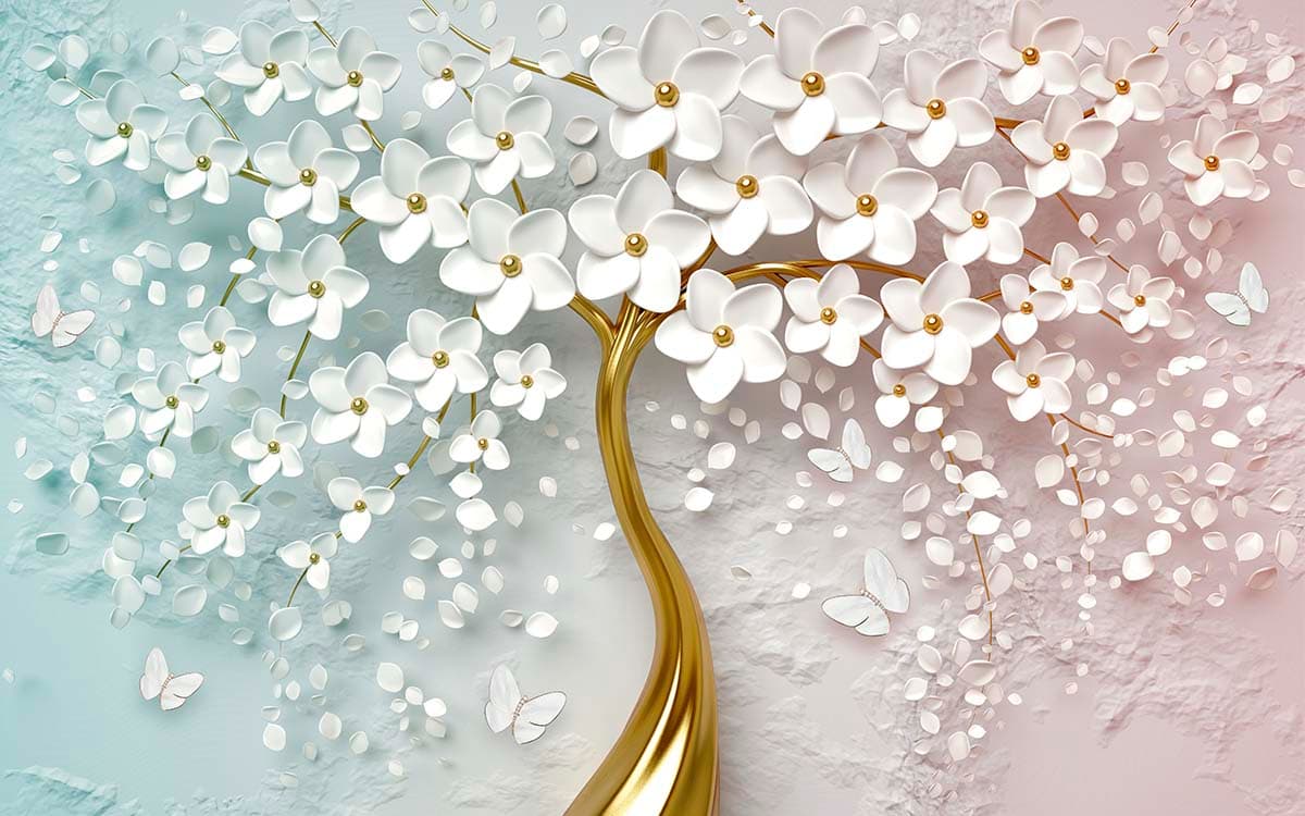 Phooleri, 3D Tree with White Flowers and Butterflies Wallpaper for Wall pattern detail