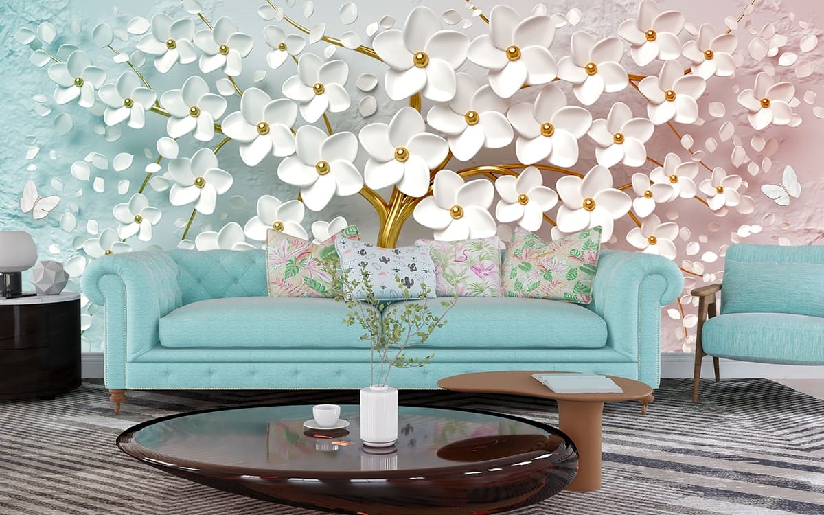 Phooleri, 3D Tree with White Flowers and Butterflies Wallpaper for Wall shown in a room