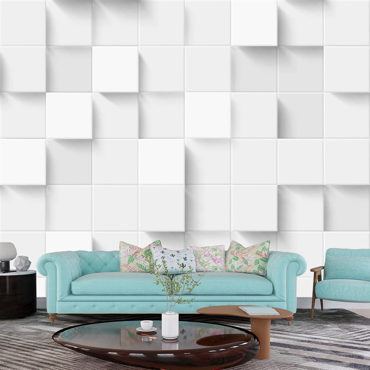 3d White Square Tiles Wallpaper shown in a room