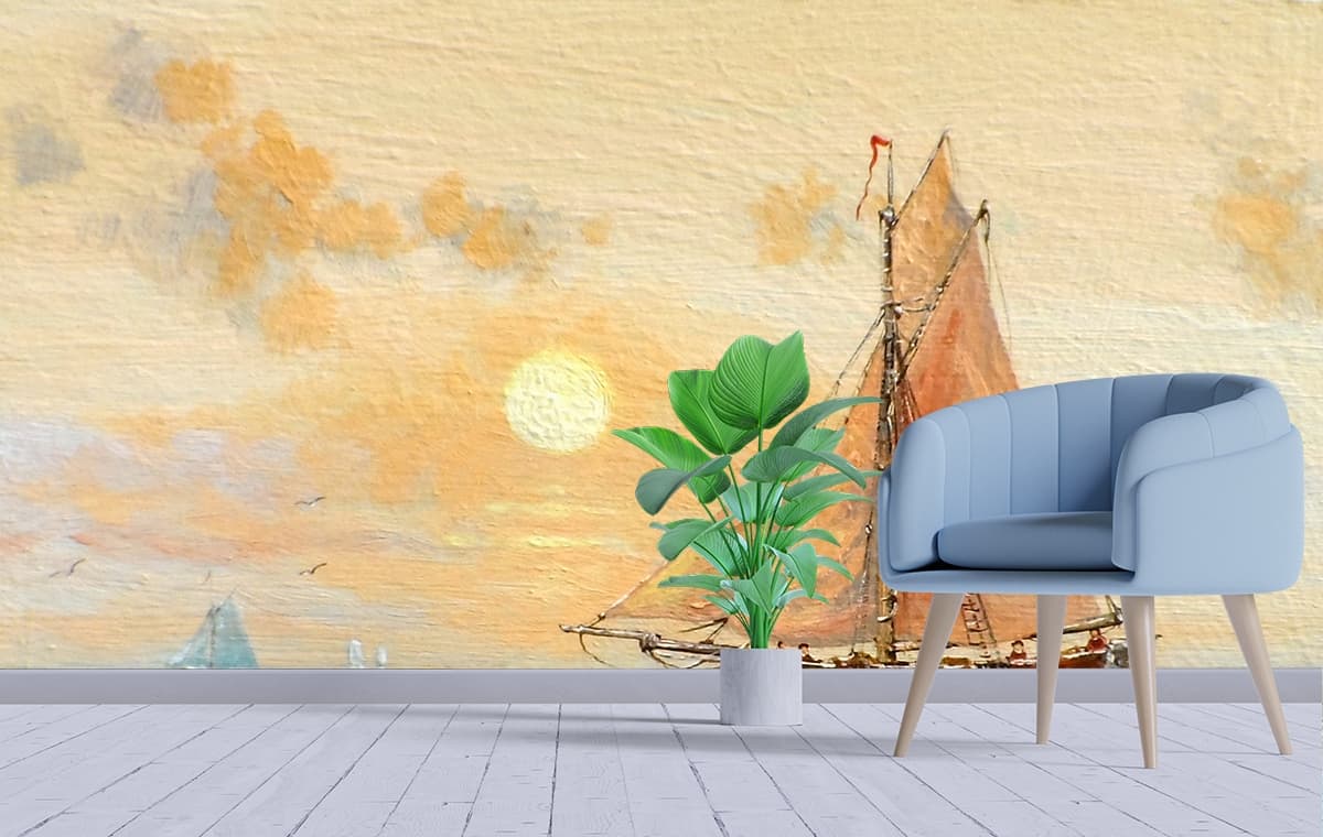 Sailboat on Water Painting Scenic Seascape wallpaper shown in a room