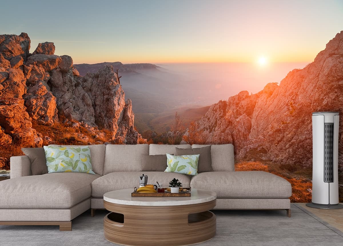 Sunset Over Rocky Mountains Nature View Wallpaper shown in a room