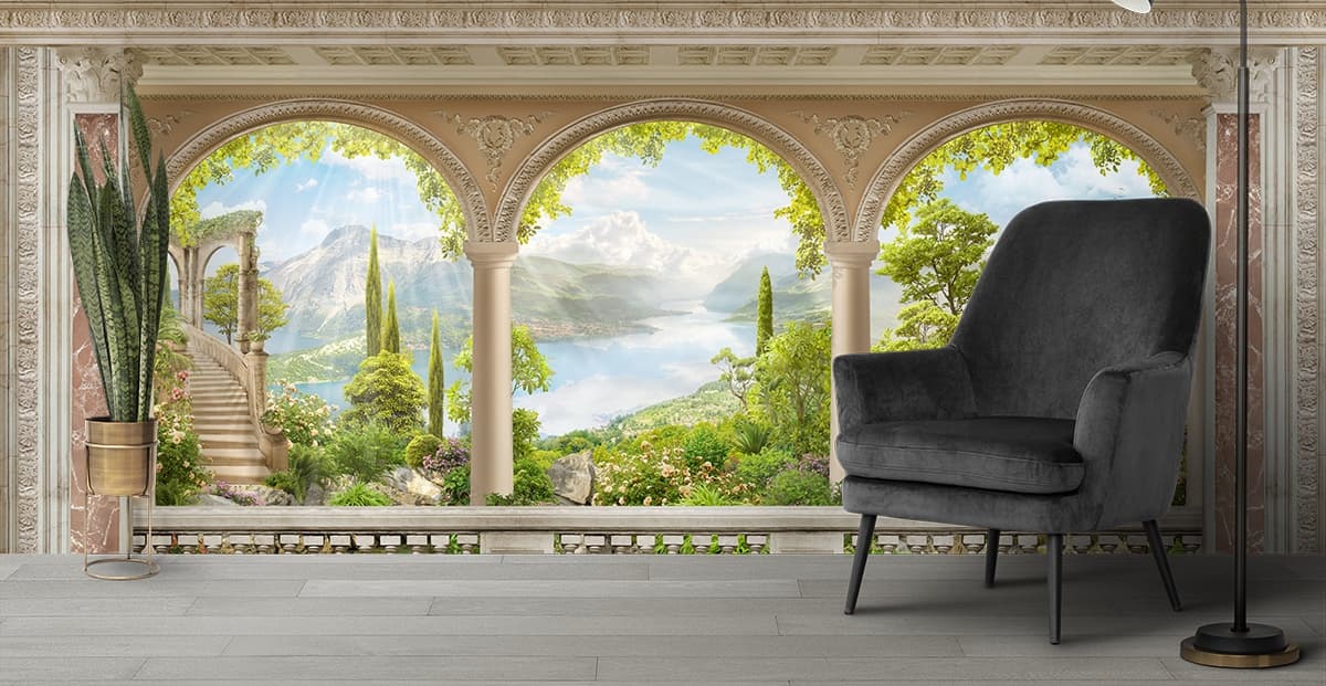 3D Landscape Balcony Scenery Wallpaper shown in a room