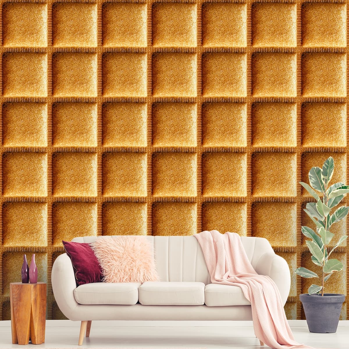 A 3D Seamless Wallpaper Mural in Square Pattern shown in a room