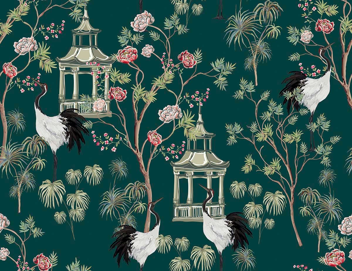 Artistic Birds Among Trees and Flowers Wallpaper pattern detail