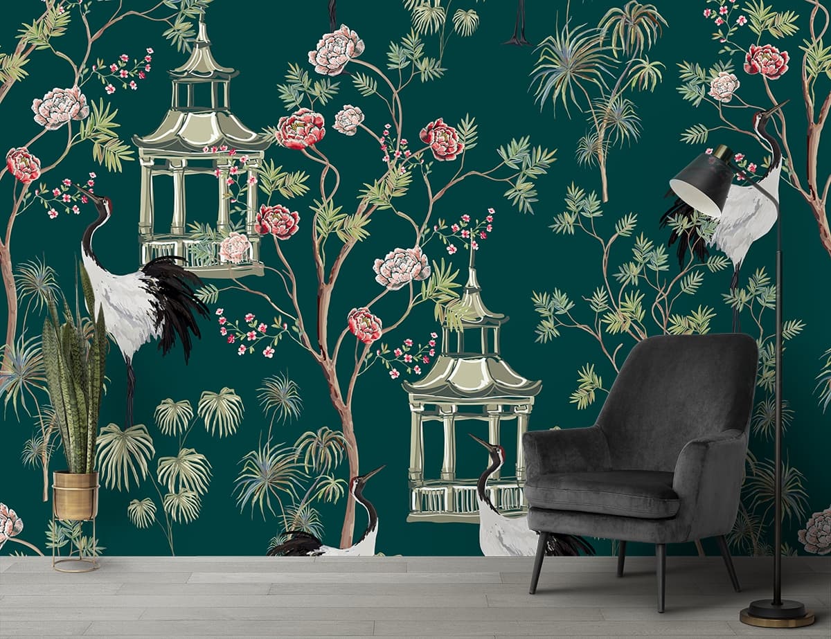 Artistic Birds Among Trees and Flowers Wallpaper shown in a room