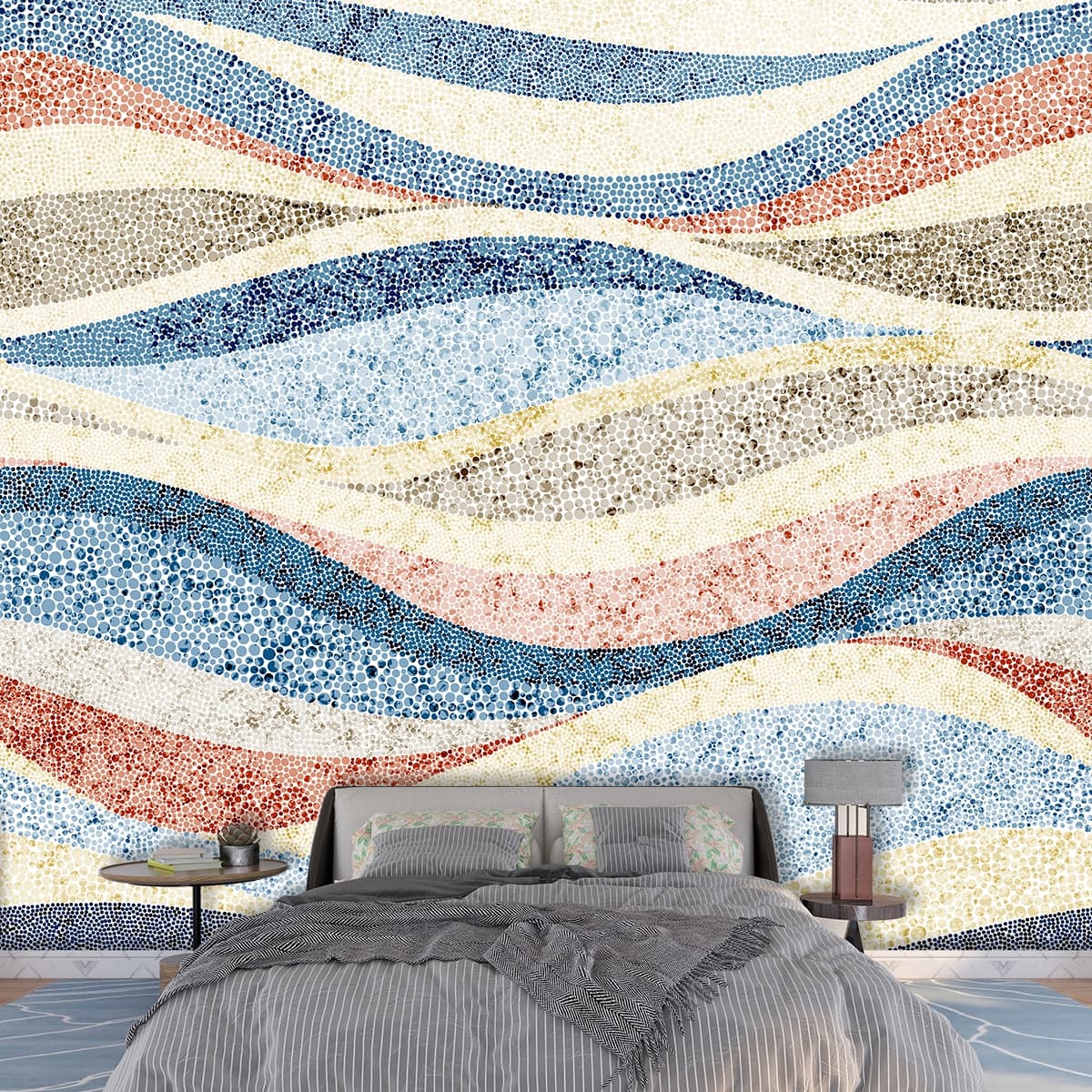A colorful pattern on a surface shown in a room