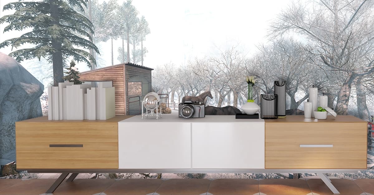Group of Horses in Snowy Landscape Scene wallpaper shown in a room