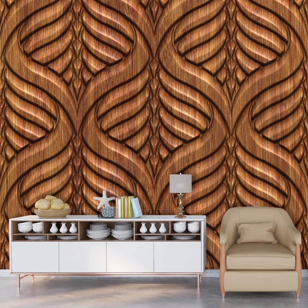 A close up of a carved wood panel shown in a room