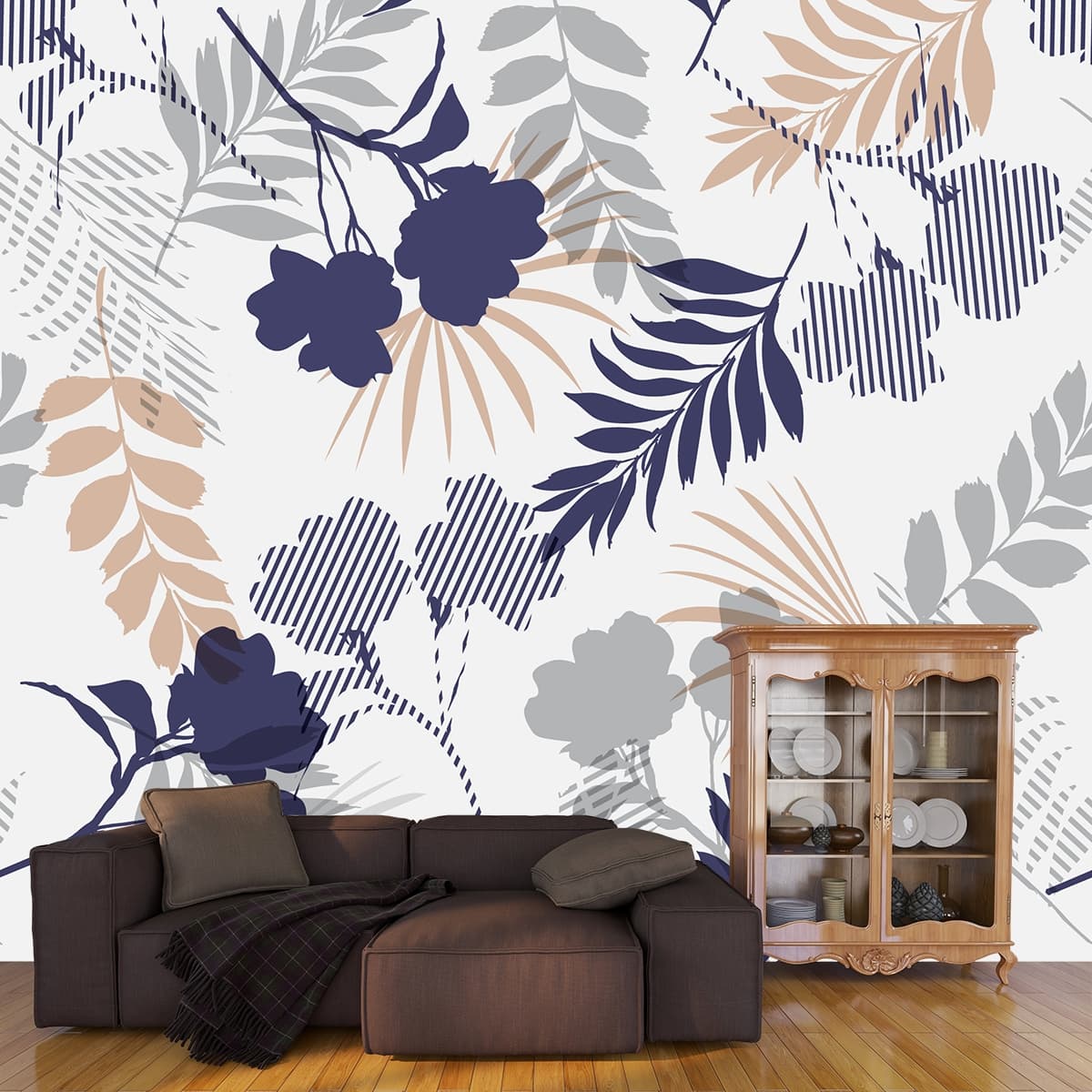 Floral and Leaf Pattern Botanical Wall Mural Wallpaper shown in a room