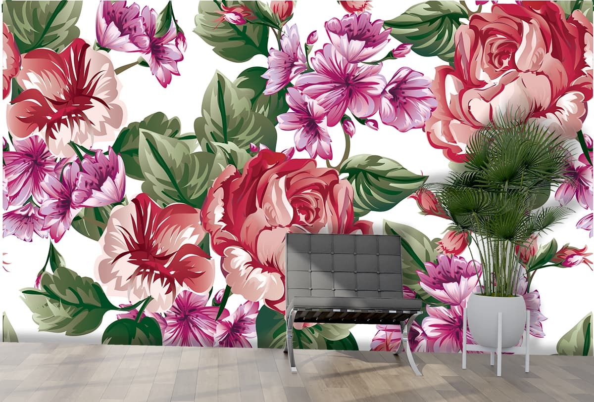 A Wallpaper for Walls of Beautiful Spring Flowers shown in a room