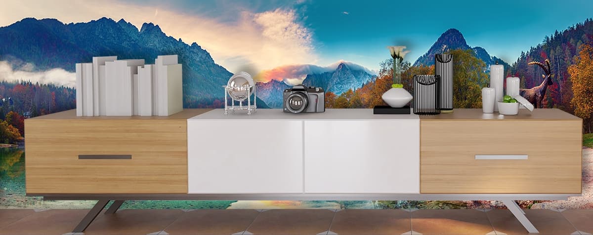 Lake with trees and mountains, Forest Wallpaper for Walls shown in a room