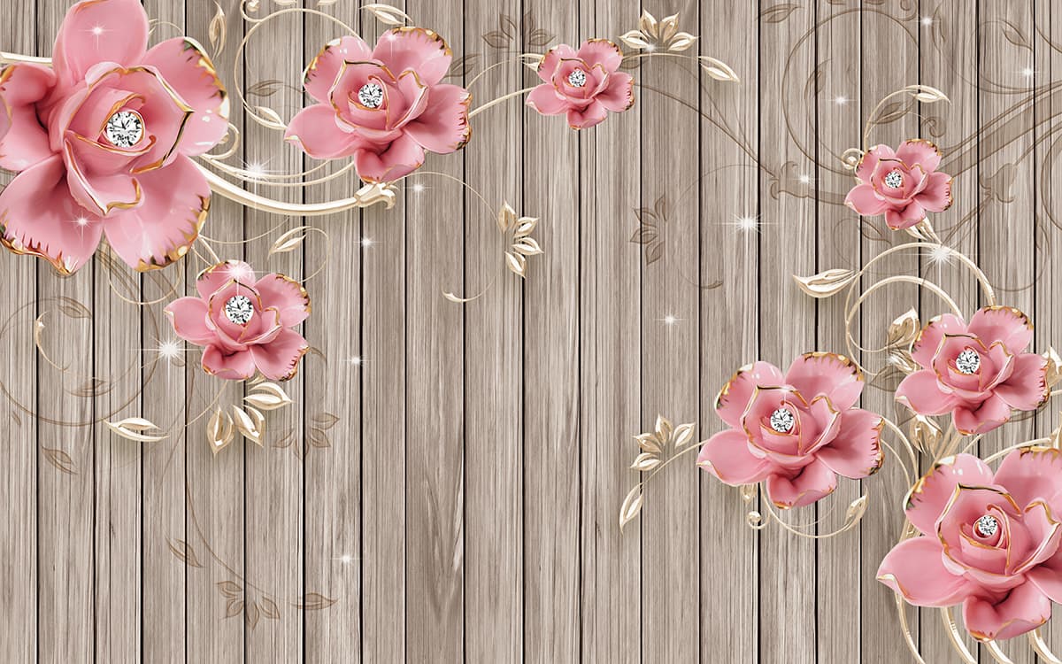 Pink Flowers on Wood Surface Rustic Wall Mural Wallpaper pattern detail