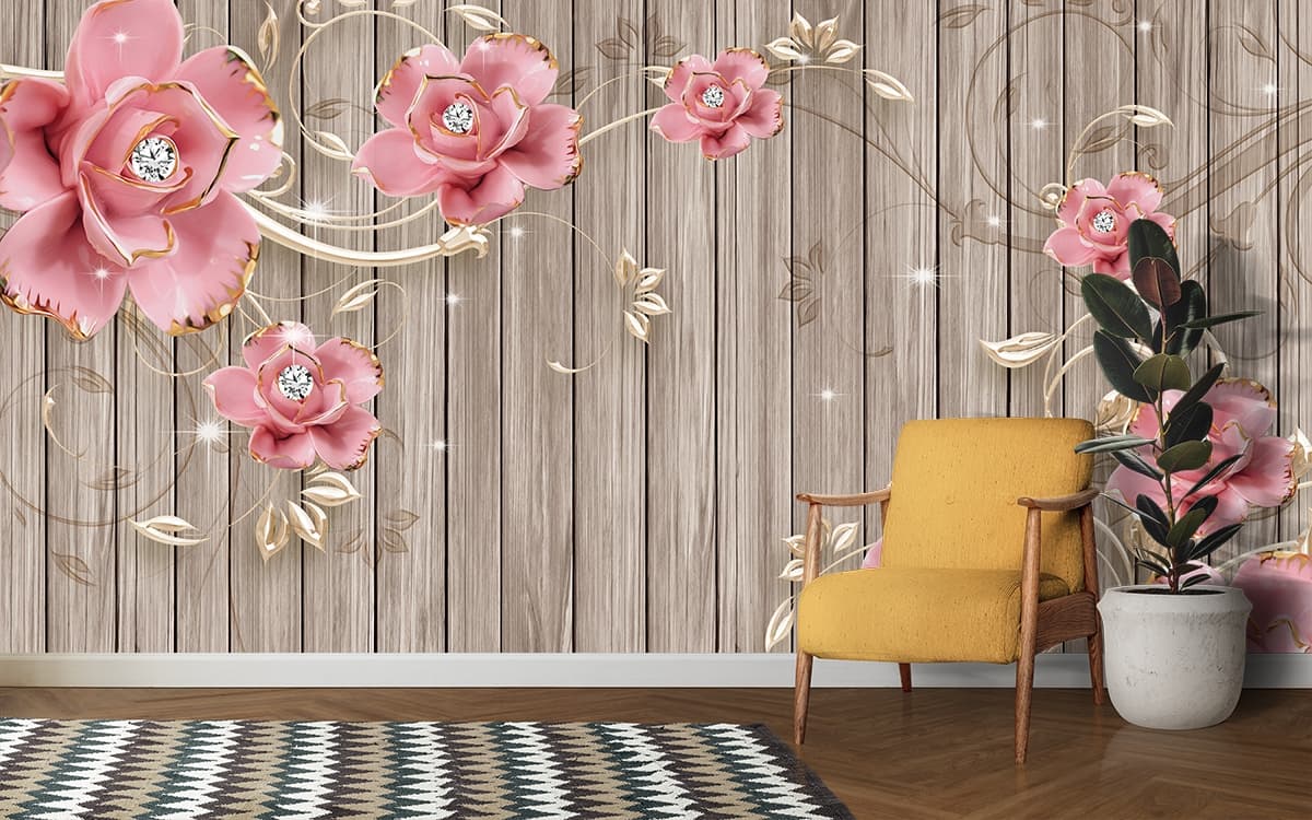 Pink Flowers on Wood Surface Rustic Wall Mural Wallpaper shown in a room