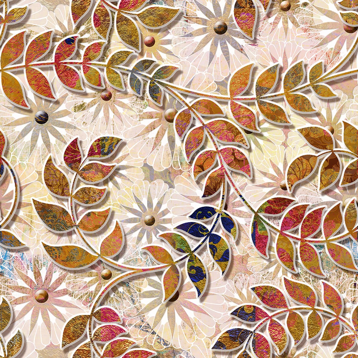 A colorful floral pattern with leaves pattern detail