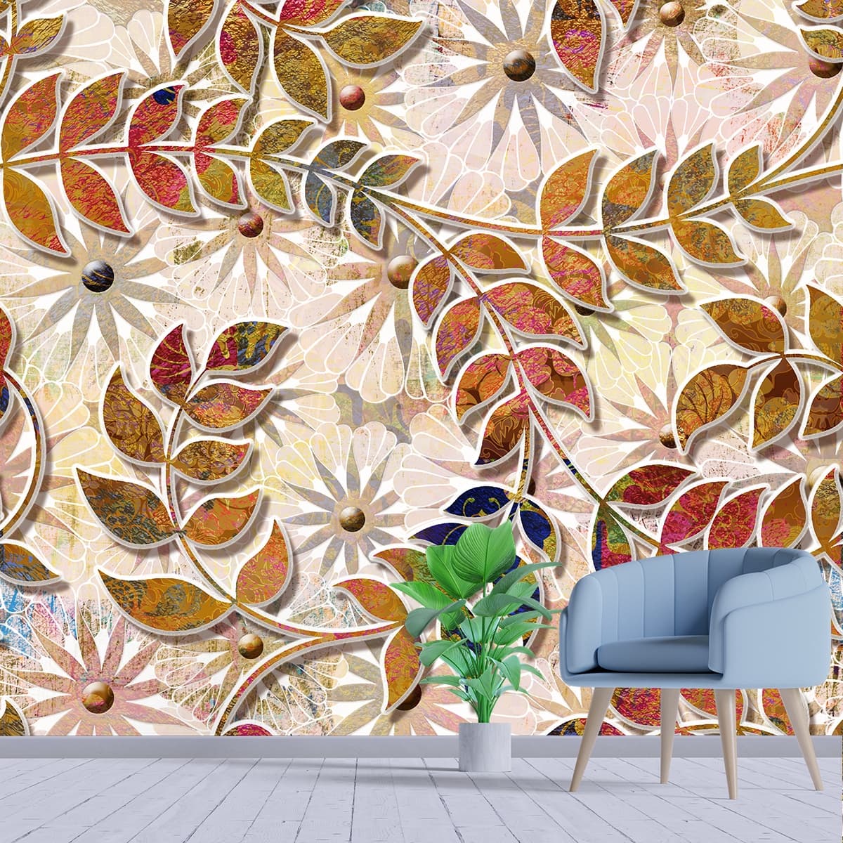 A colorful floral pattern with leaves shown in a room