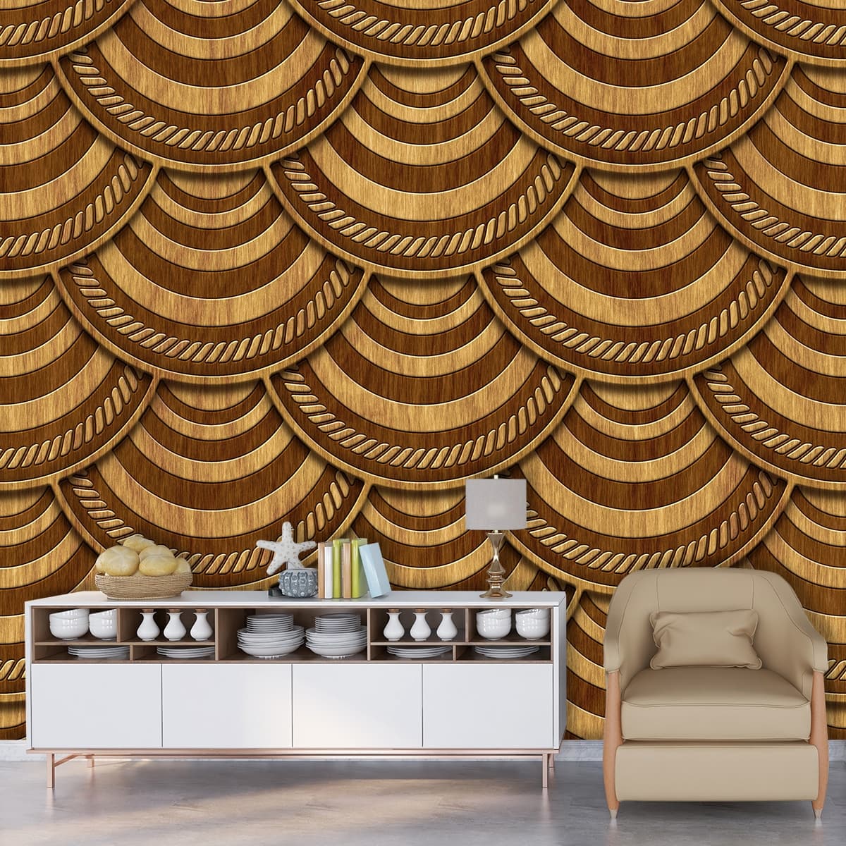 Circular Wood Pattern Panel Design for Home Wallpaper shown in a room