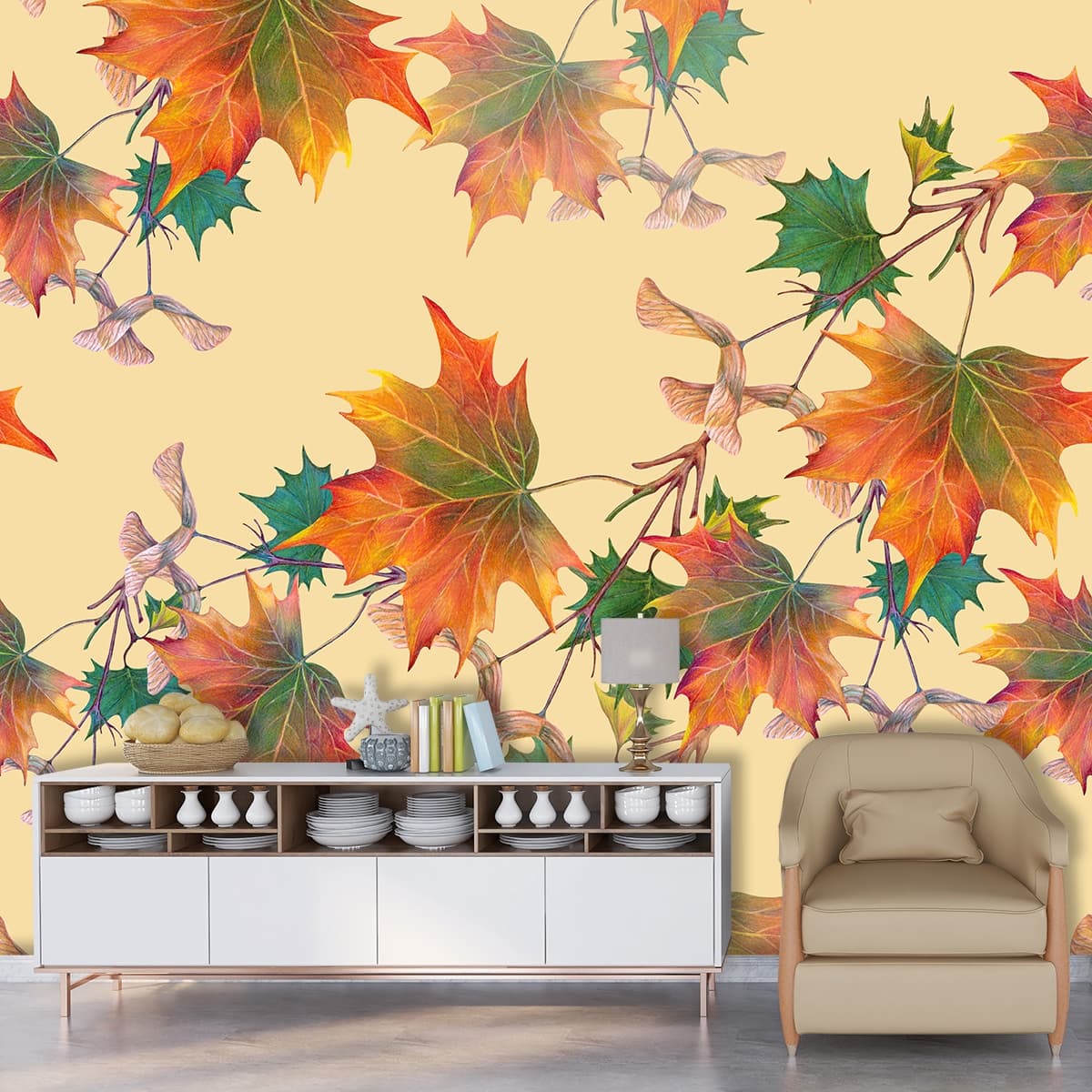 Colorful Pattern Leaves Wallpaper shown in a room