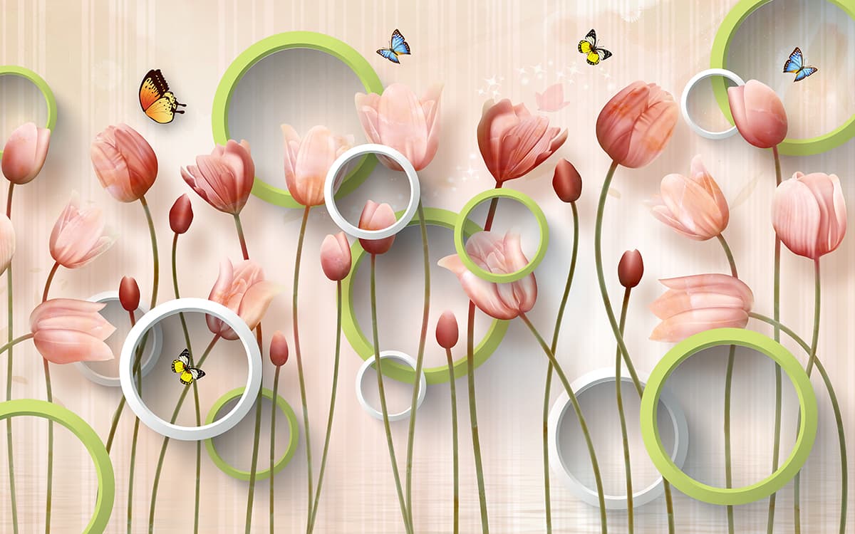 Colorful Flowers and Butterflies Nature Mural Wallpaper pattern detail
