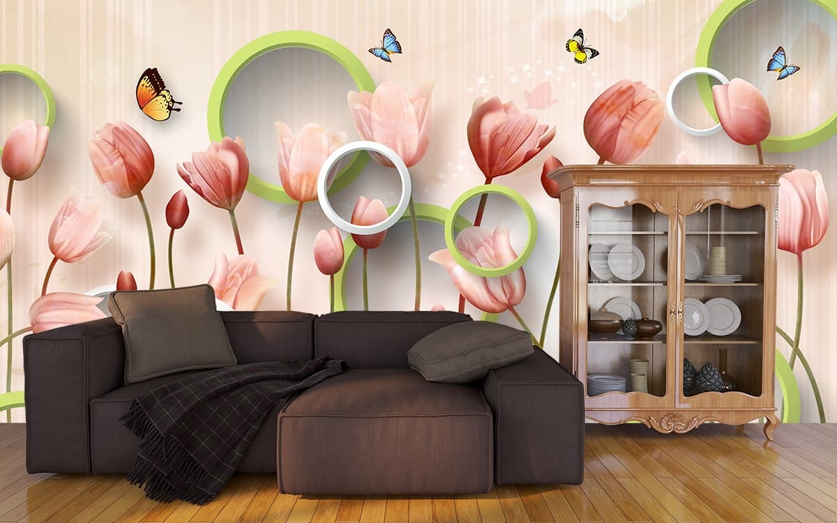 Colorful Flowers and Butterflies Nature Mural Wallpaper shown in a room