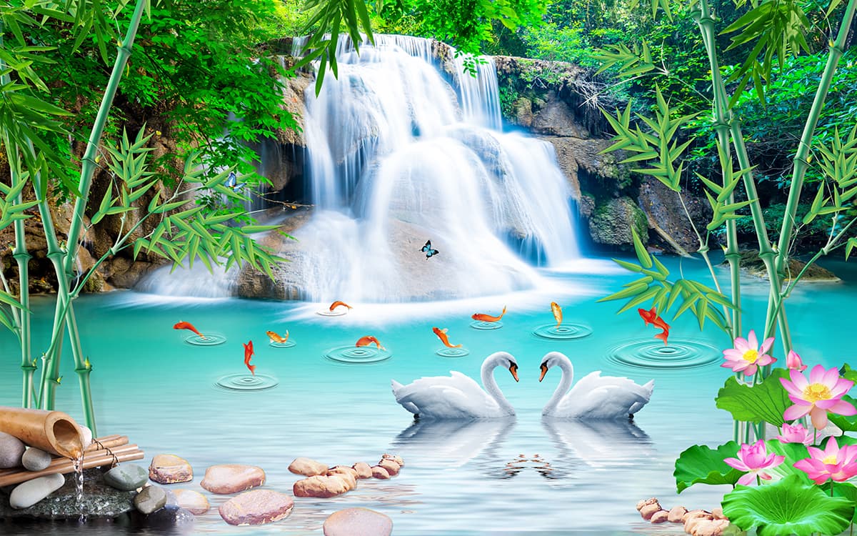 Beautiful Forest Waterfall with Swans Wallpaper pattern detail