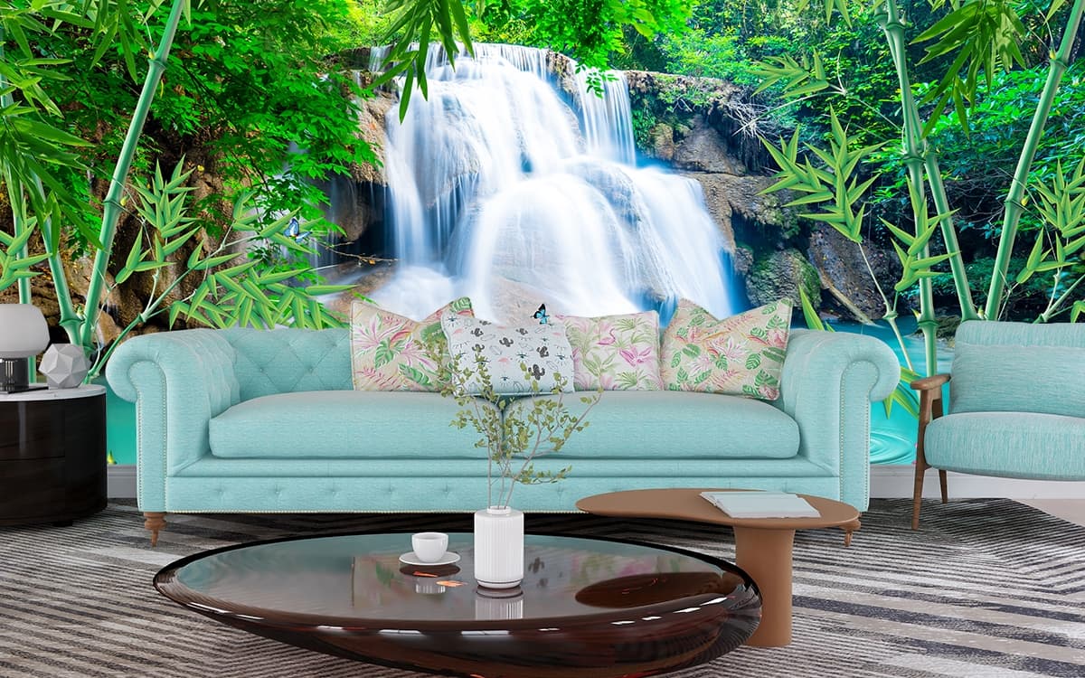 Beautiful Forest Waterfall with Swans Wallpaper shown in a room