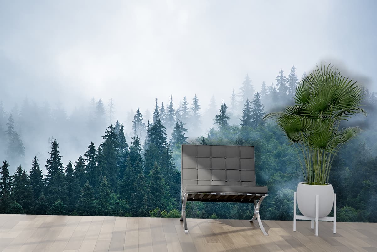 Nature Foggy Forest Trees Pattern Design Wallpaper shown in a room