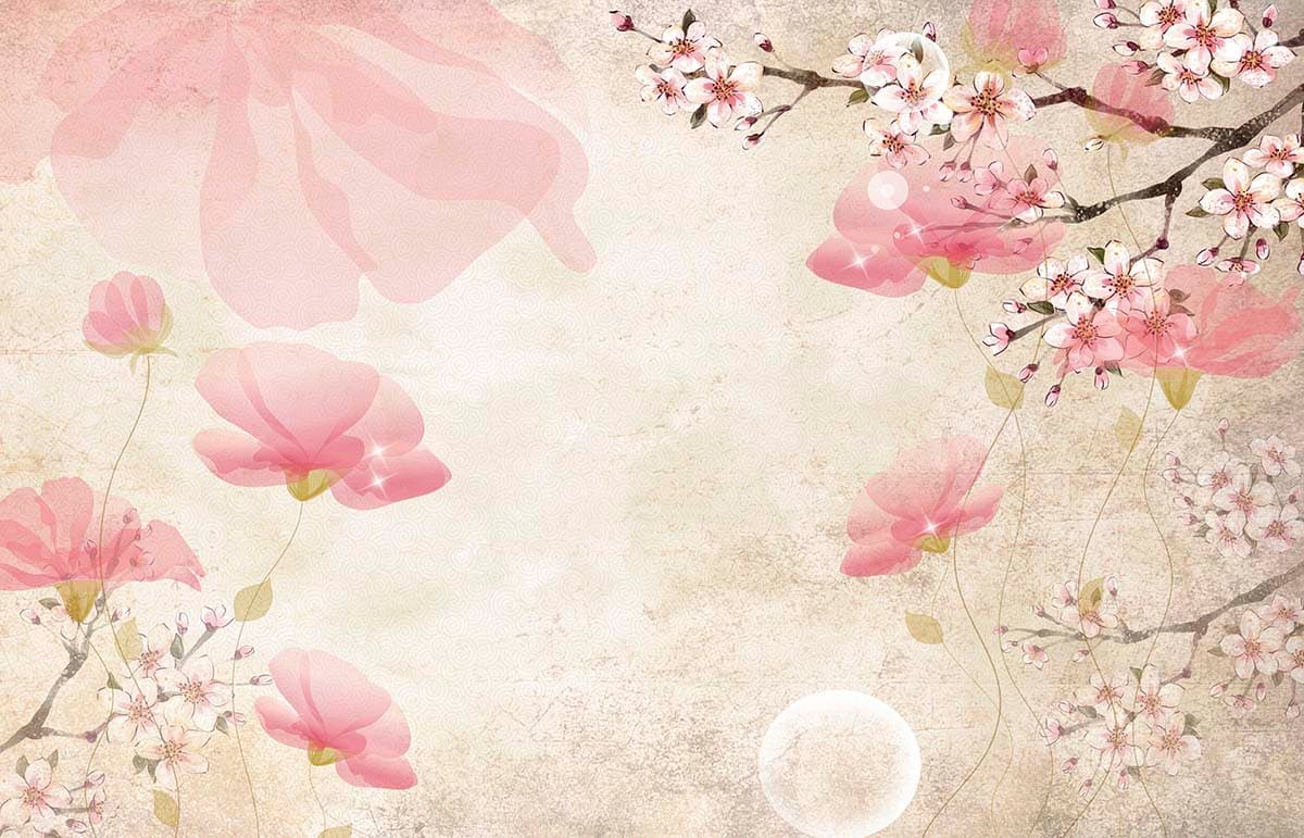 Elegant Pink Flowers and White Moon Design Wallpaper pattern detail