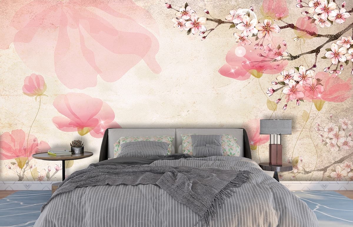 Elegant Pink Flowers and White Moon Design Wallpaper shown in a room
