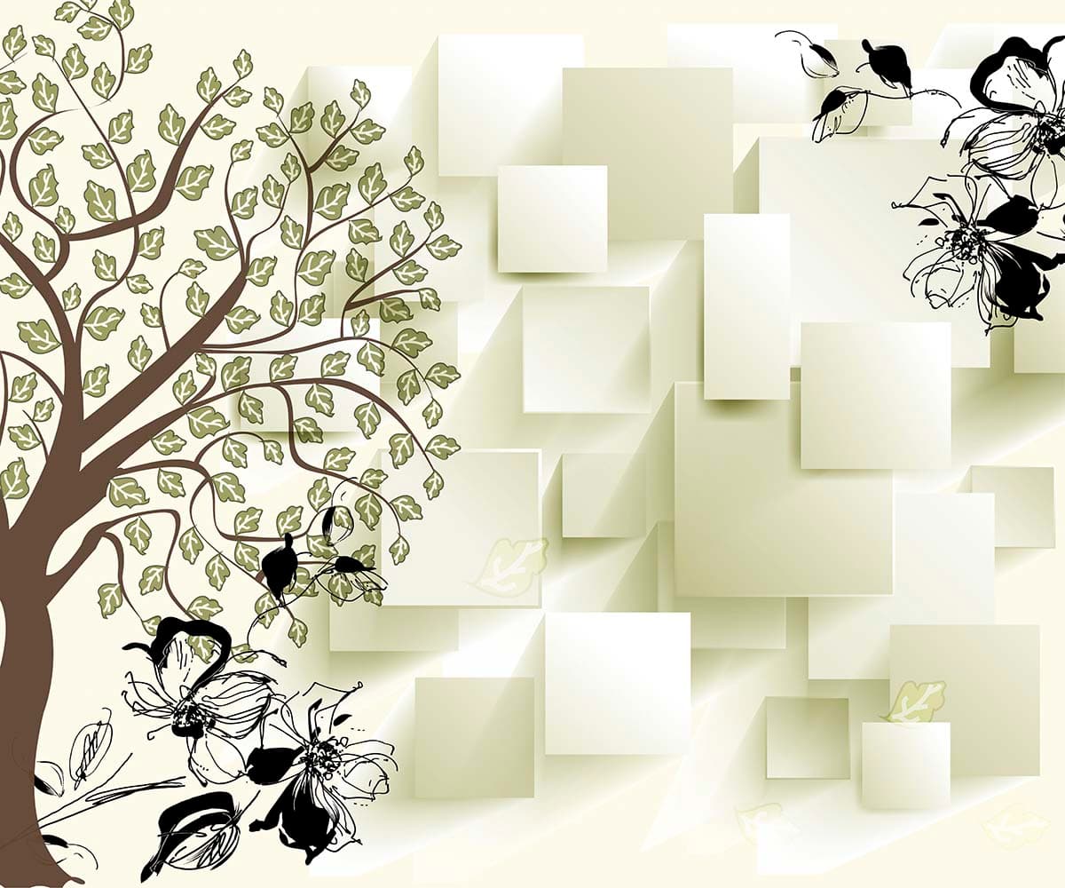 A tree with leaves and flowers on a white background pattern detail