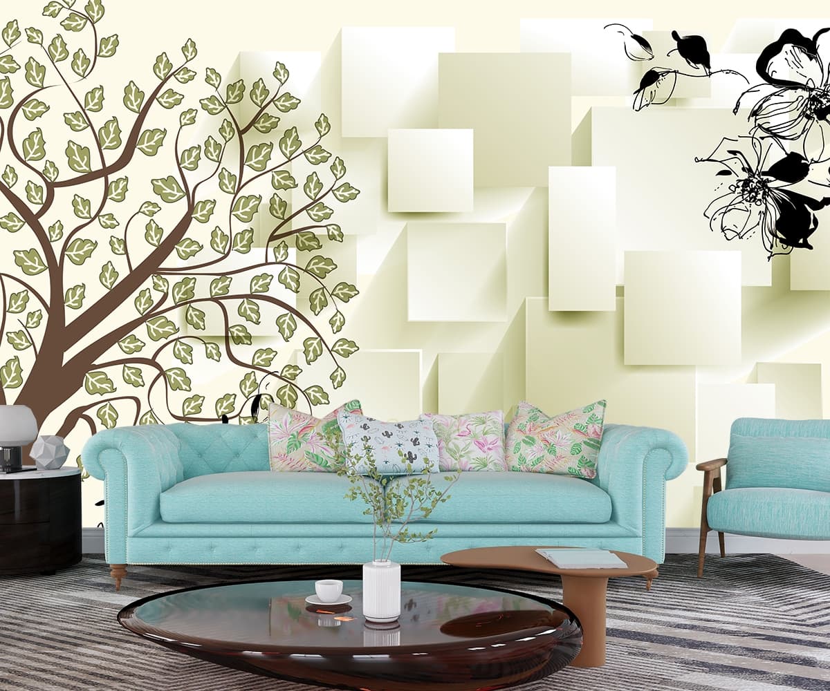 A tree with leaves and flowers on a white background shown in a room