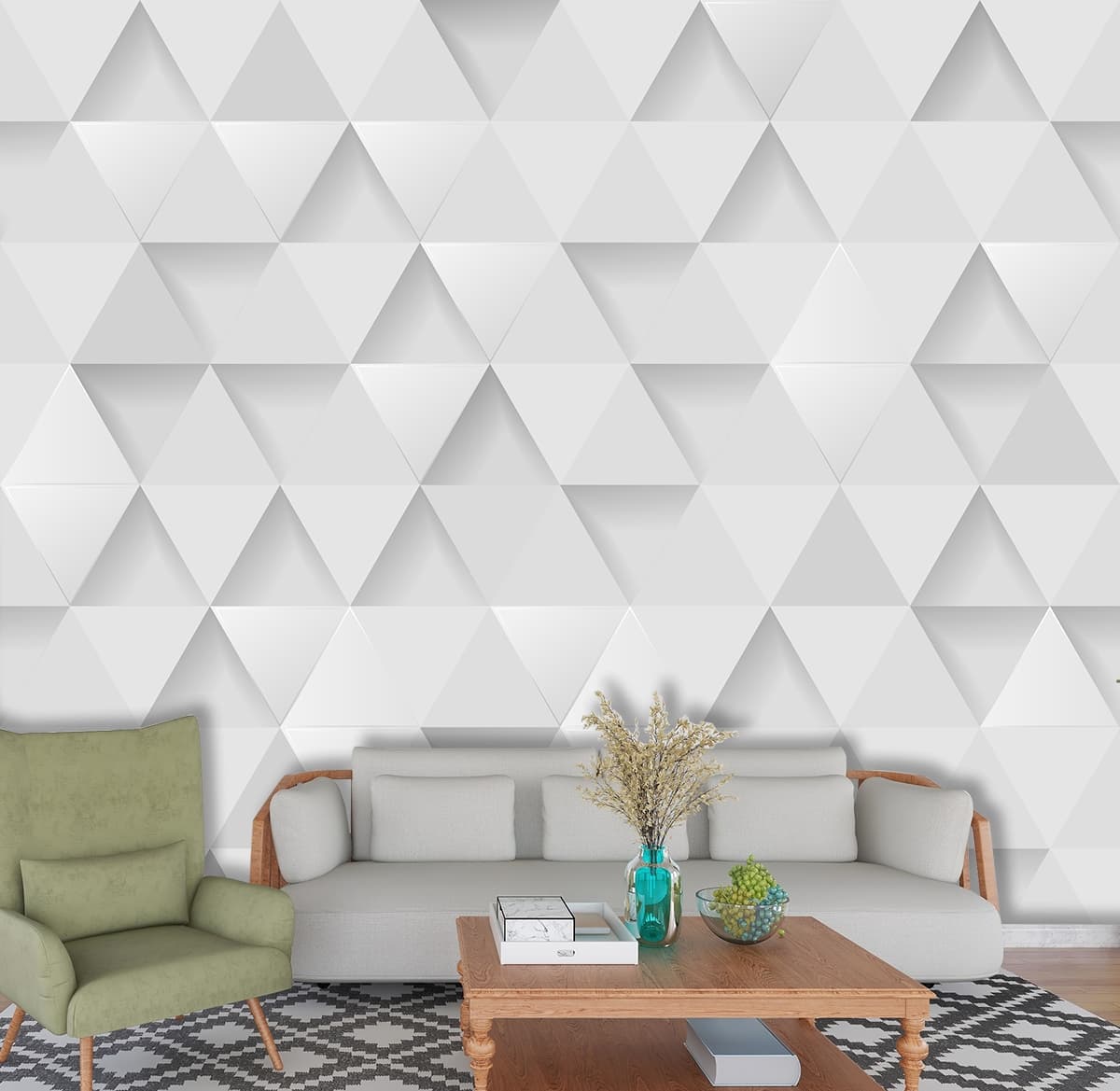 Geometric Gleam White Triangle Pattern Wallpaper shown in a room