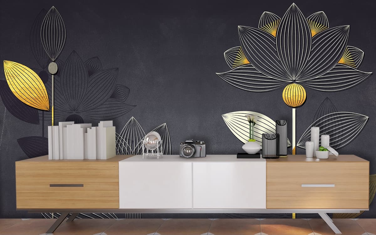 Elegant Black Gold Lotus Wallpaper shown in a room