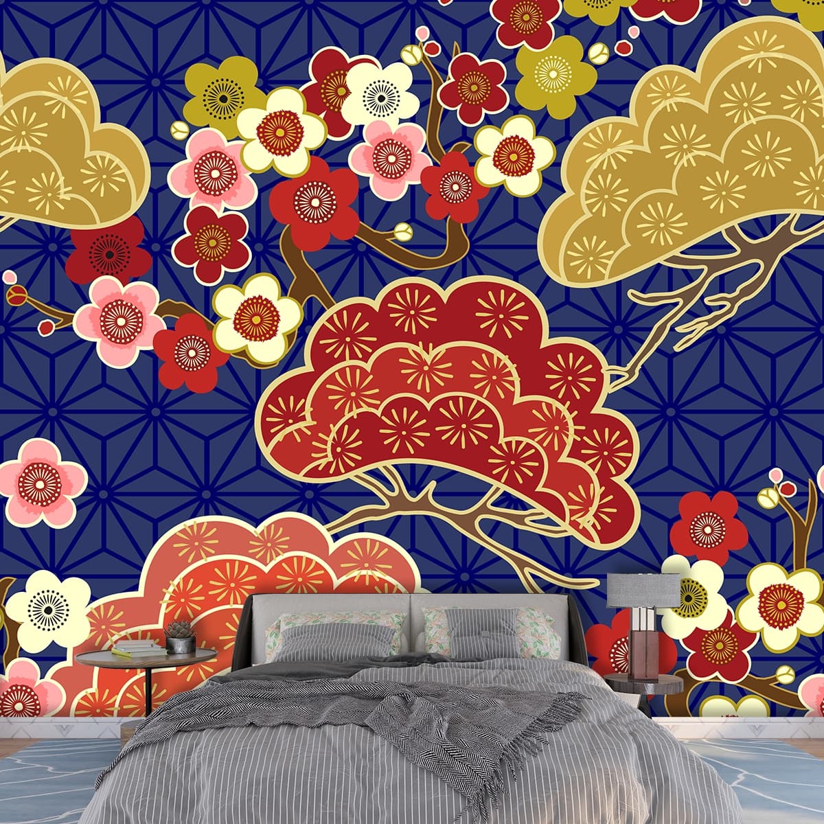 A pattern of flowers and trees shown in a room