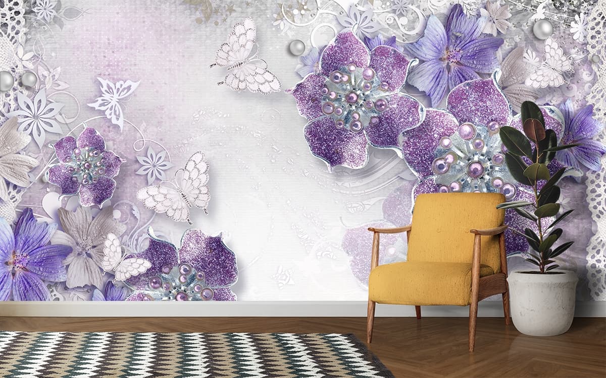 Elegant Purple Floral and Butterflies Design Wallpaper shown in a room
