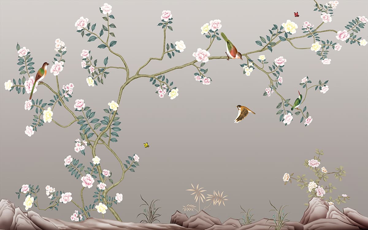 Floral Tree with Birds Elegant Nature Wall Decor Wallpaper pattern detail