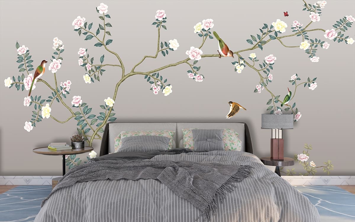 Floral Tree with Birds Elegant Nature Wall Decor Wallpaper shown in a room