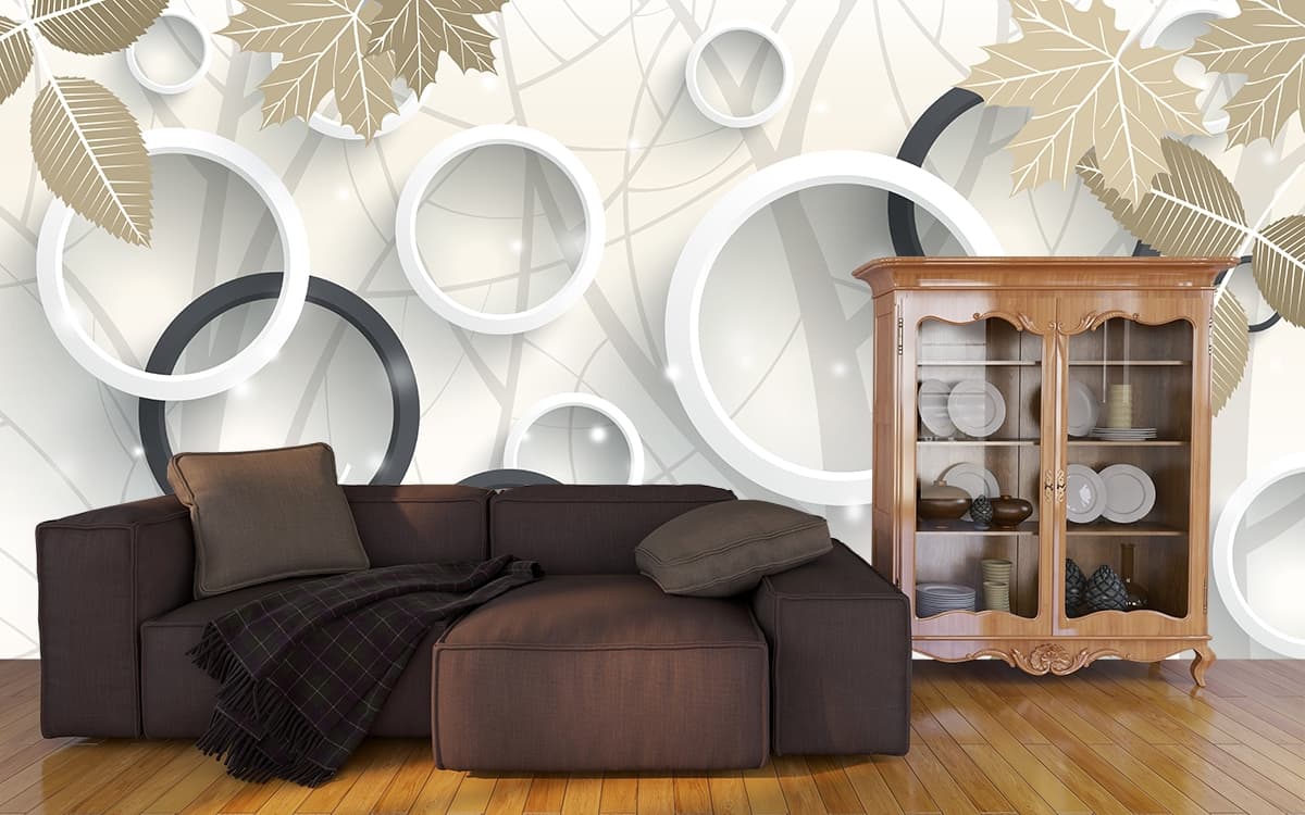A white and black circles and leaves shown in a room
