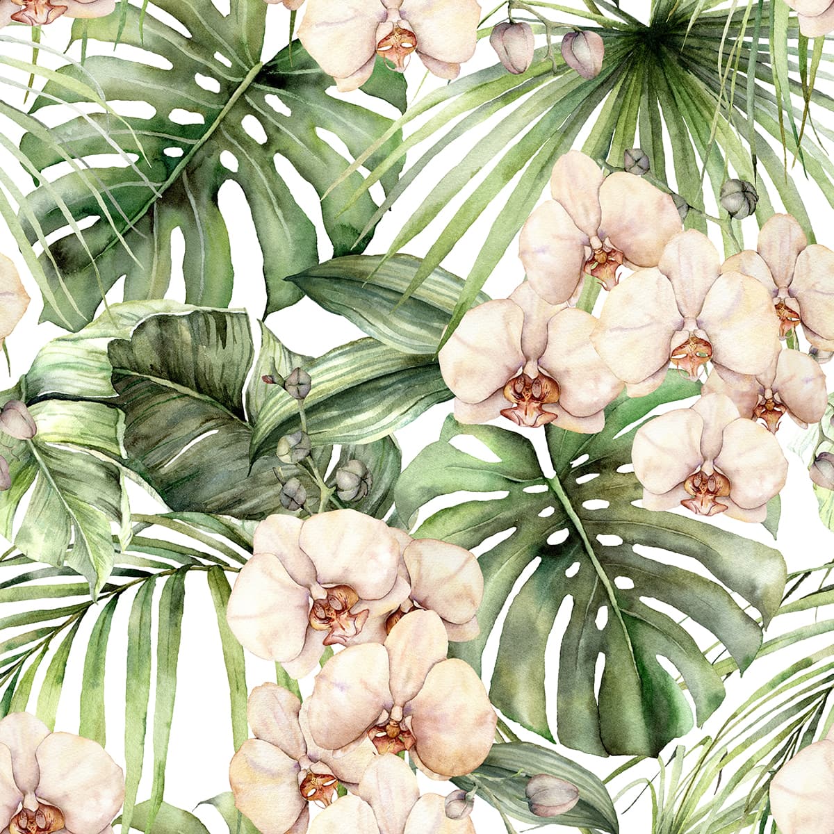 Fresh White Flowers with Green Leaves Pattern Wallpaper pattern detail