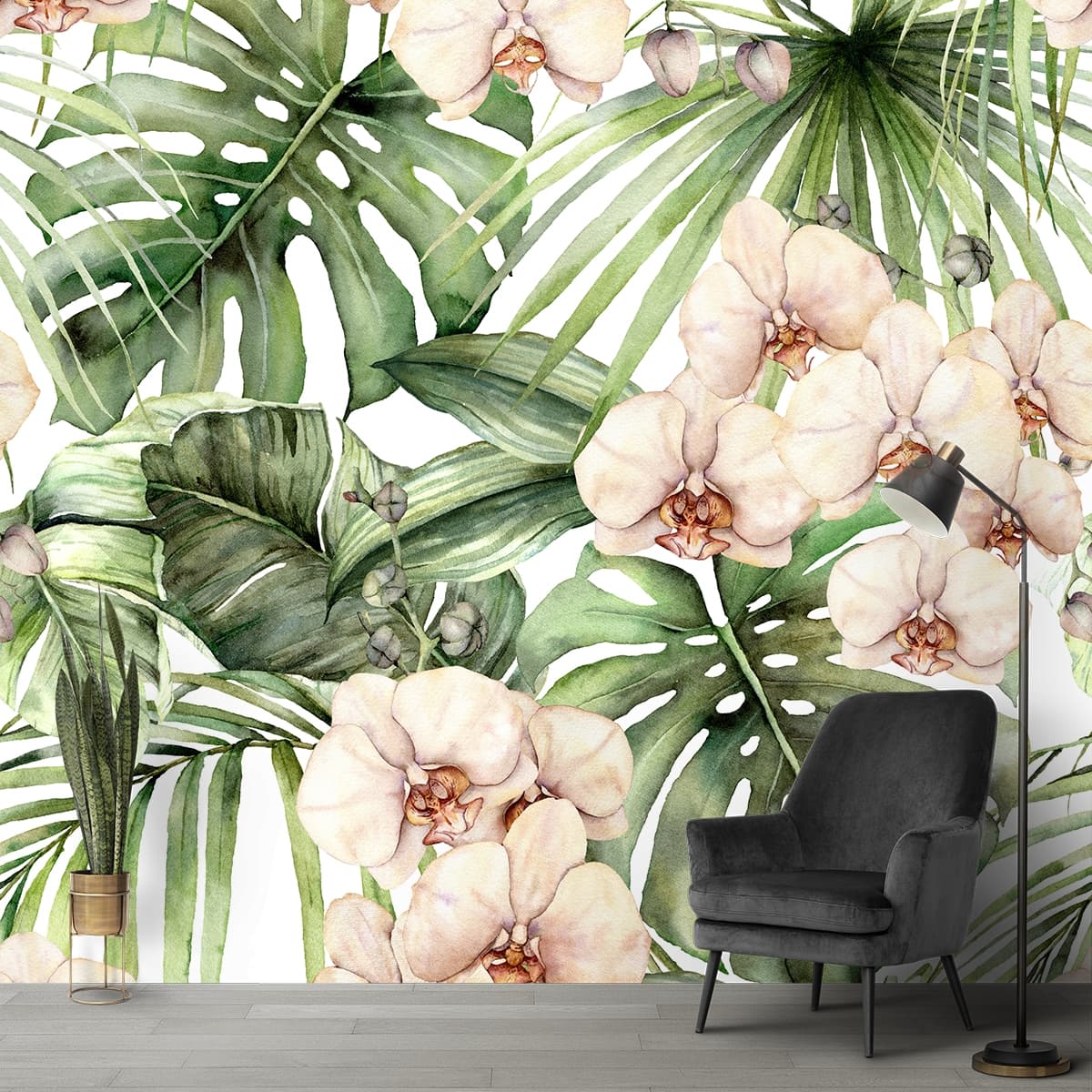 Fresh White Flowers with Green Leaves Pattern Wallpaper shown in a room