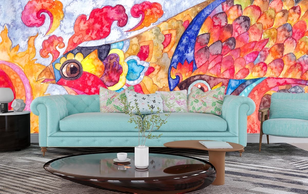 Modern Expressionist Bird Wallpaper shown in a room